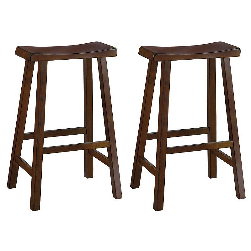 Wooden 29 Counter Height Stool with Saddle Seat， Cherry Brown， Set Of 2