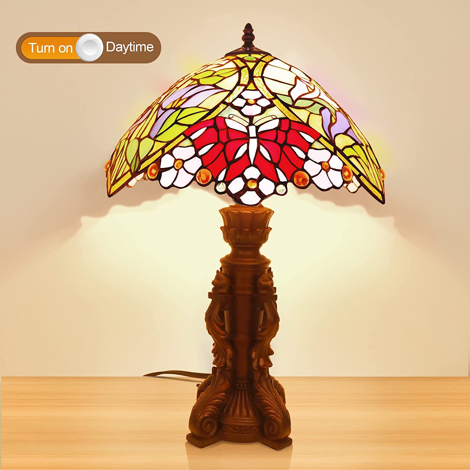 SHADY Tiffany Lamp Stained Glass Bedside Lamp for Bedroom 22\u2019\u2019 Tall Retro Desk Light Lamp LED Bulb(2700K  E26) Included Christmas