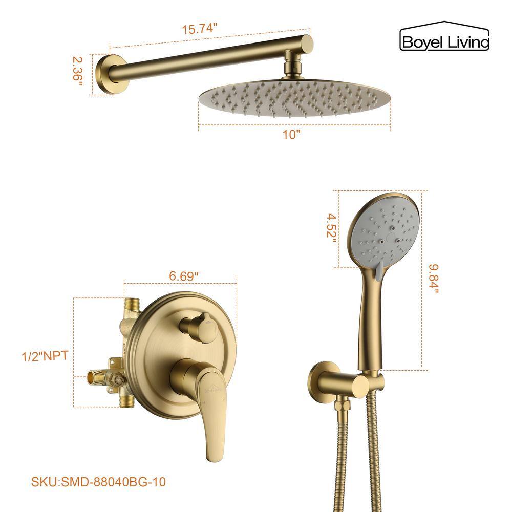 Boyel Living 5-Spray Patterns with 3.2 GPM 10 in. Wall Mount Dual Shower Heads with Rough-In Valve Body and Trim in Brushed Gold SMD-88040BG-10