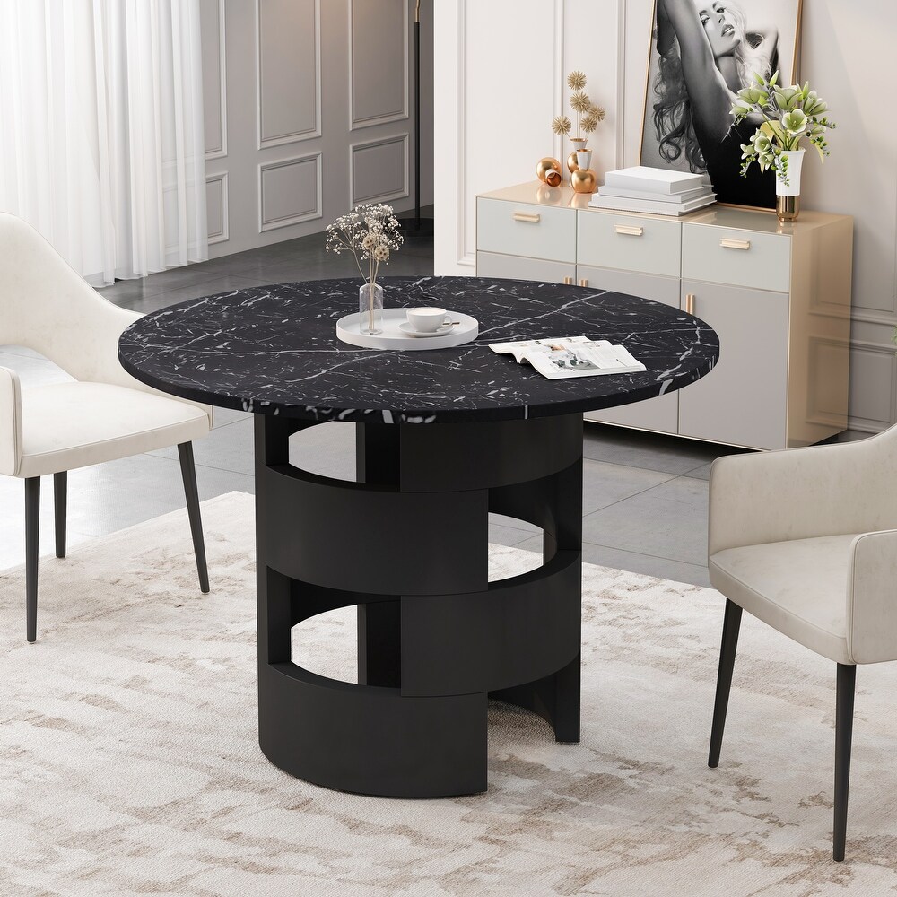 Modern Round Dining Table with Printed Black Marble Table Top For Dining Room  Kitchen  Living Room  Minimalist Style