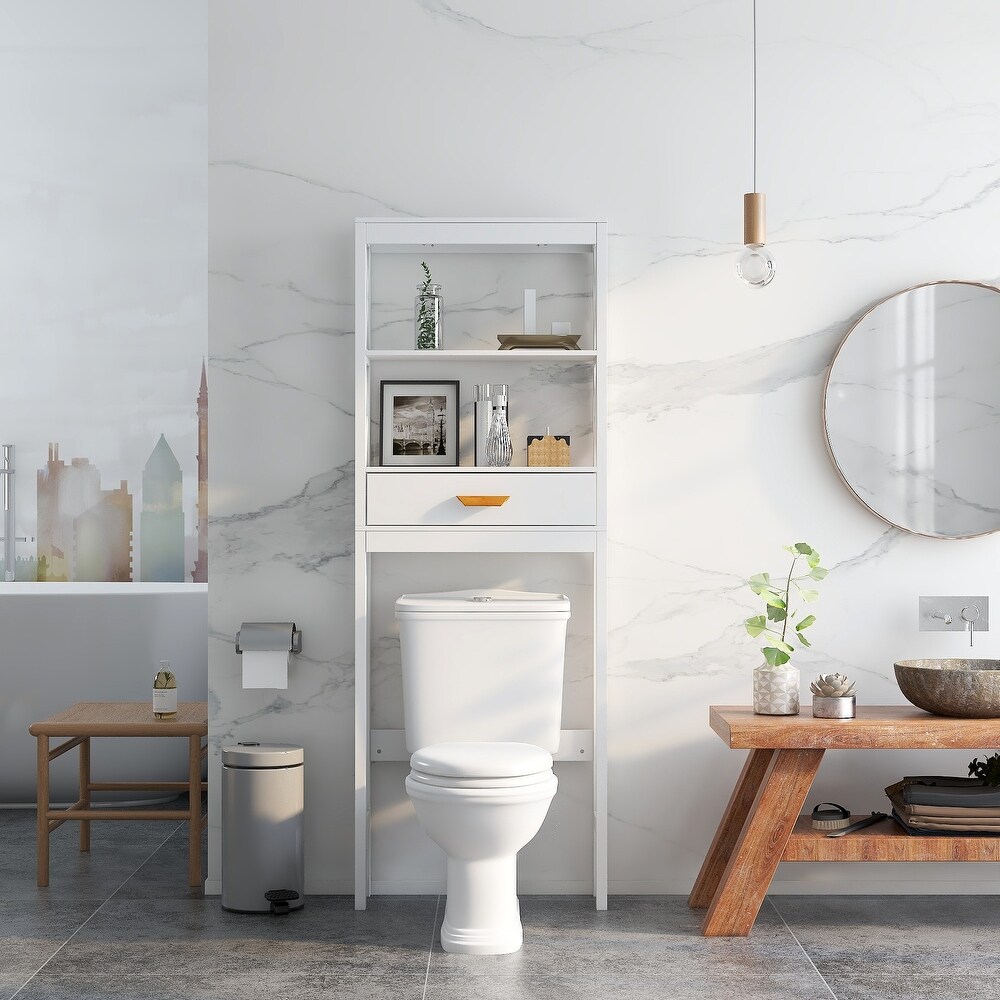 White Over the Toilet Storage Cabinet with one Drawer and 2 Shelves