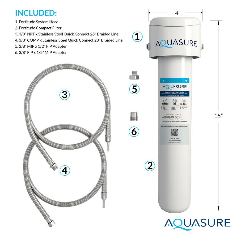 AQUASURE Fortitude Compact Under Sink Multi-Purpose Water Filtration System with CarbonKDF and Siliphos Scale Inhibiting Media AS-FC50H-CKS