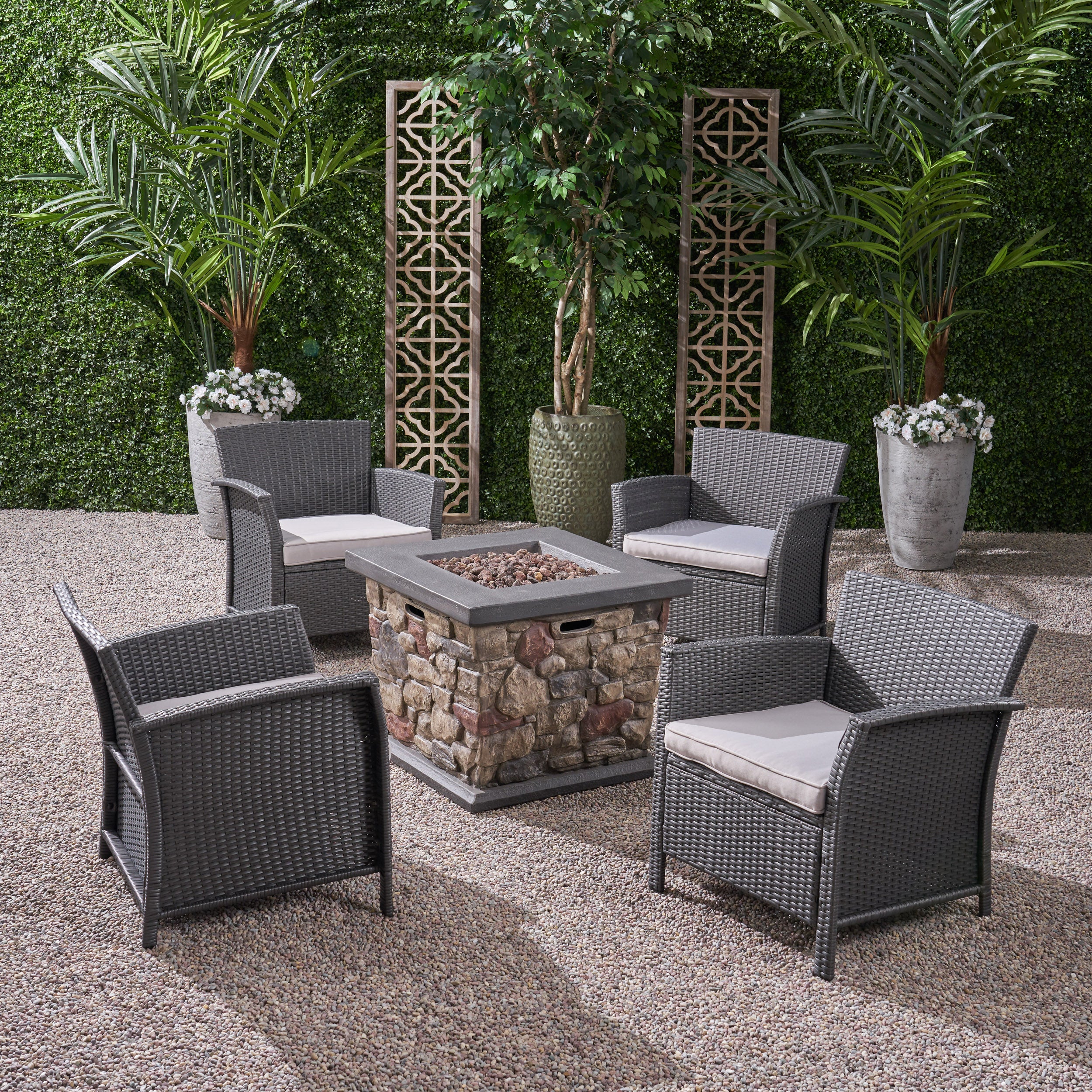 Laiah Outdoor 4 Piece Wicker Club Chair Chat Set with Stone Finished Fire Pit