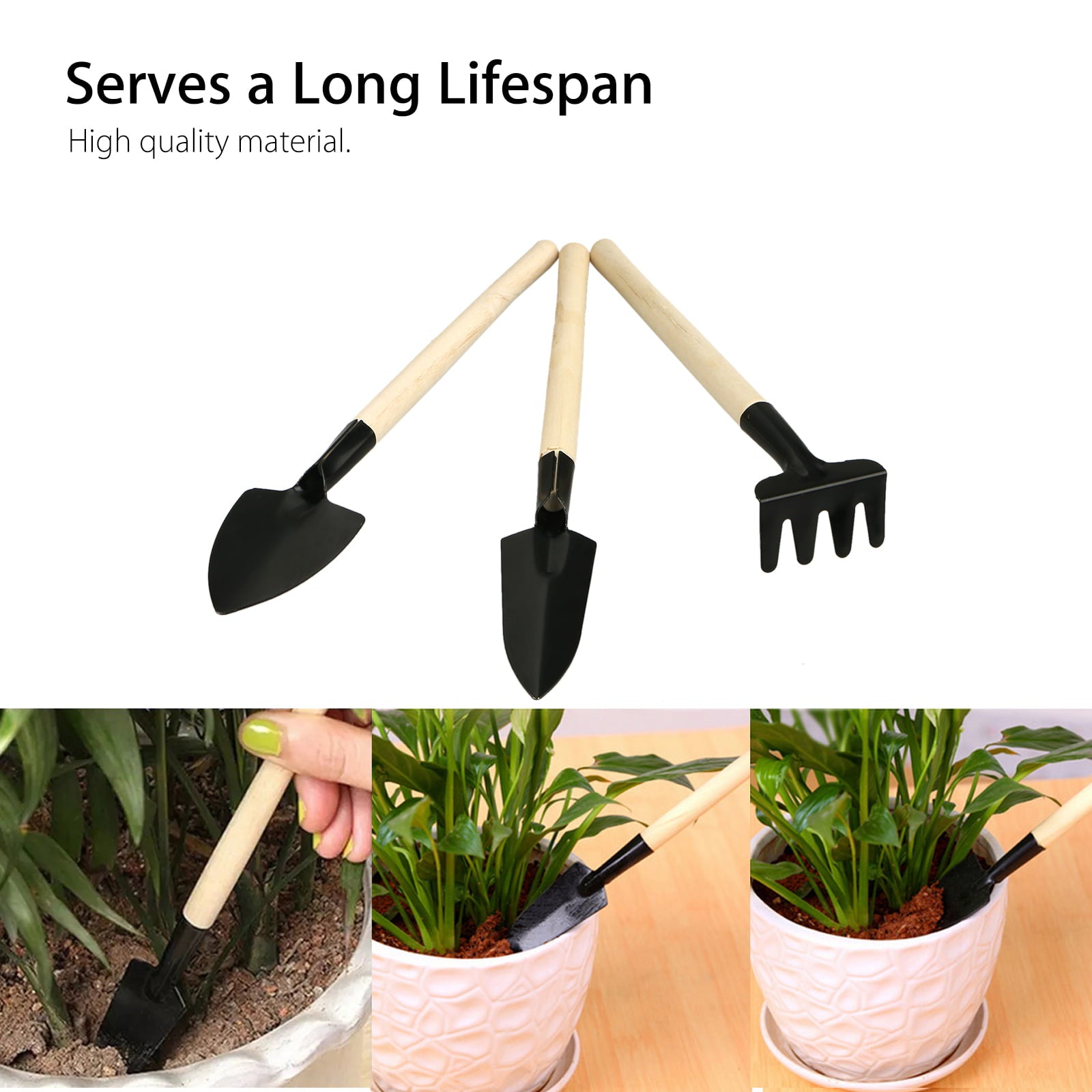 Garden Tool Set, TSV 3pcs Heavy Duty Gardening Kit with Iron Hand Shovel, Rake and Spade, Indoor Mini Hand Gardening Tool Set, Bonsai Starter Kit for Planter Miniature Fairy Planting Care