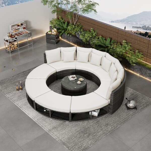 9Piece Outdoor Patio Furniture，Circular Outdoor Sofa Set with Tempered Glass Coffee Table