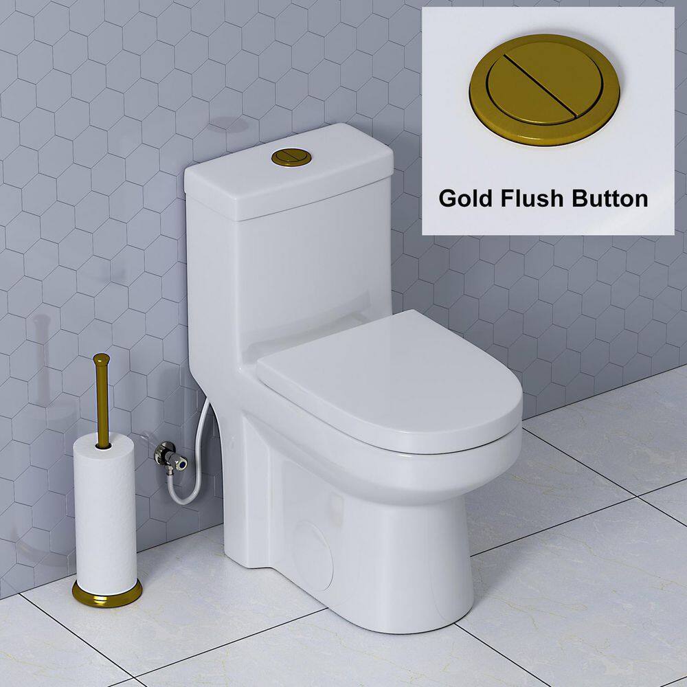 HOROW 1-piece 0.81.28 GPF High Efficiency Dual Flush Round Toilet in White with Seat Included and Brushed Gold Button HR-0033G