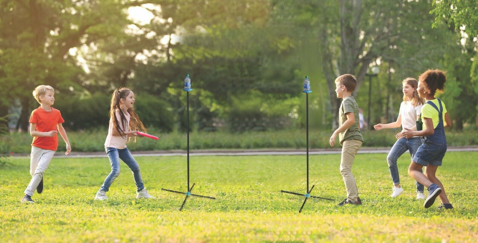 Toss Game Set - Flying Disc Bottle Drop Yard Game- Frisbee Target Backyard Game with Poles & Bottles for Adult, Kids and Family