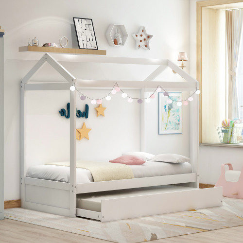 House Bed with Trundle  Can be Decorated  White Wf...