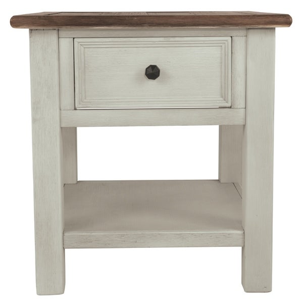 End Table With Plank Top and a Gliding Drawer， Cream and Brown