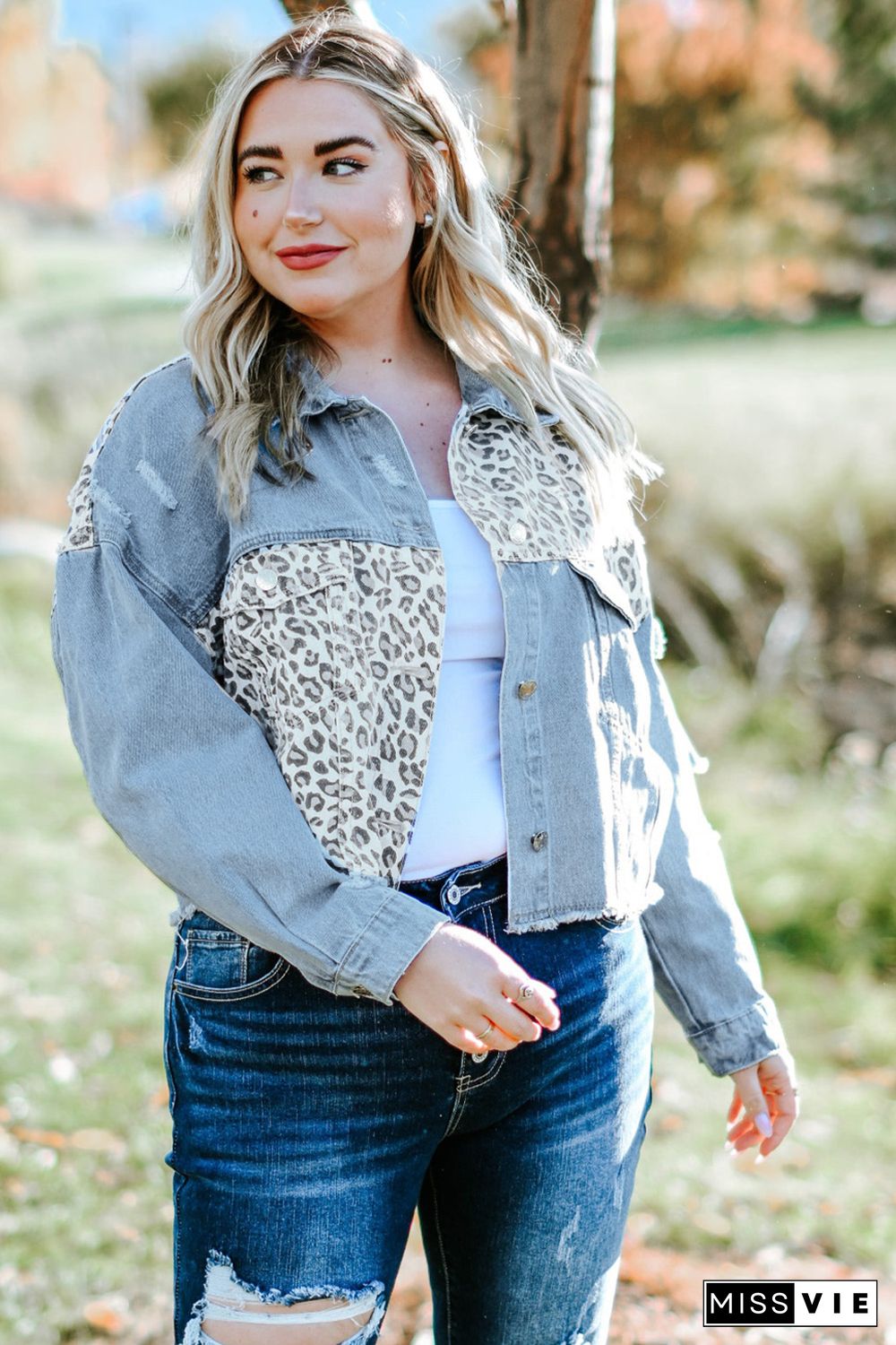 Sky Blue Plus Size Leopard Ripped Cropped Denim Jacket