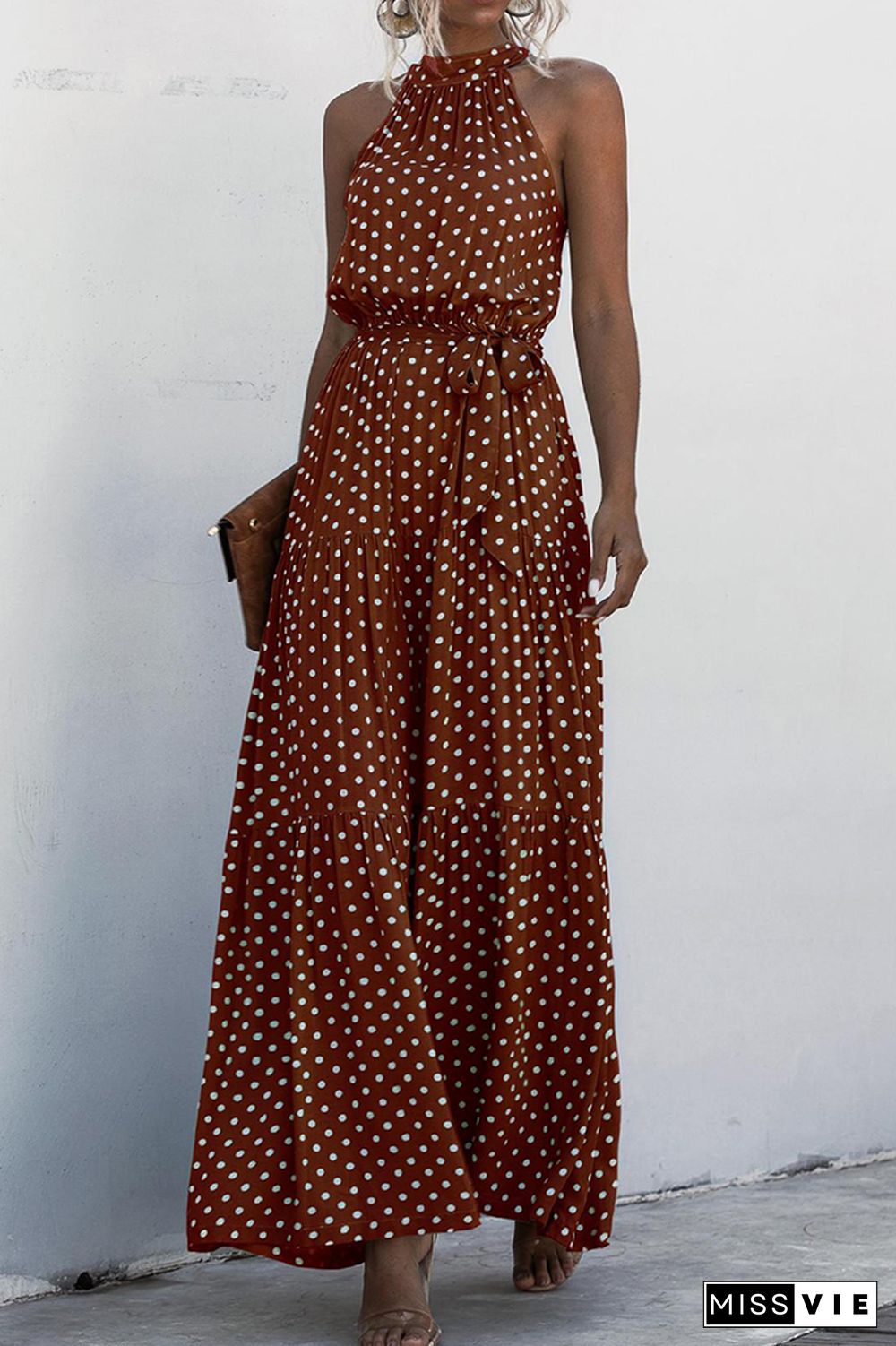 Halter Polka Dot Print Tie Waist Maxi Dress Wholesale