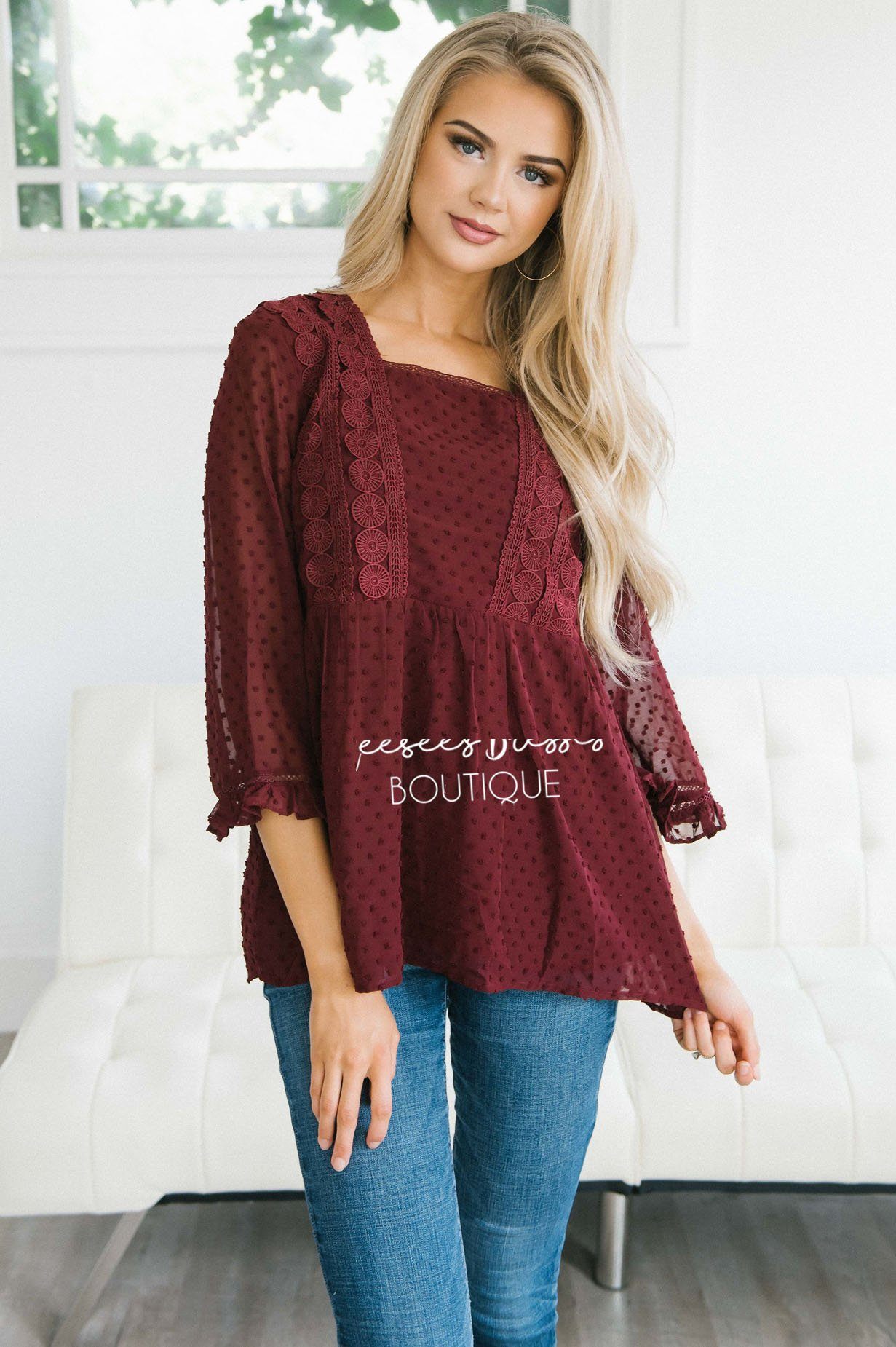 Dotted Crochet Trim Gathered Waist Blouse