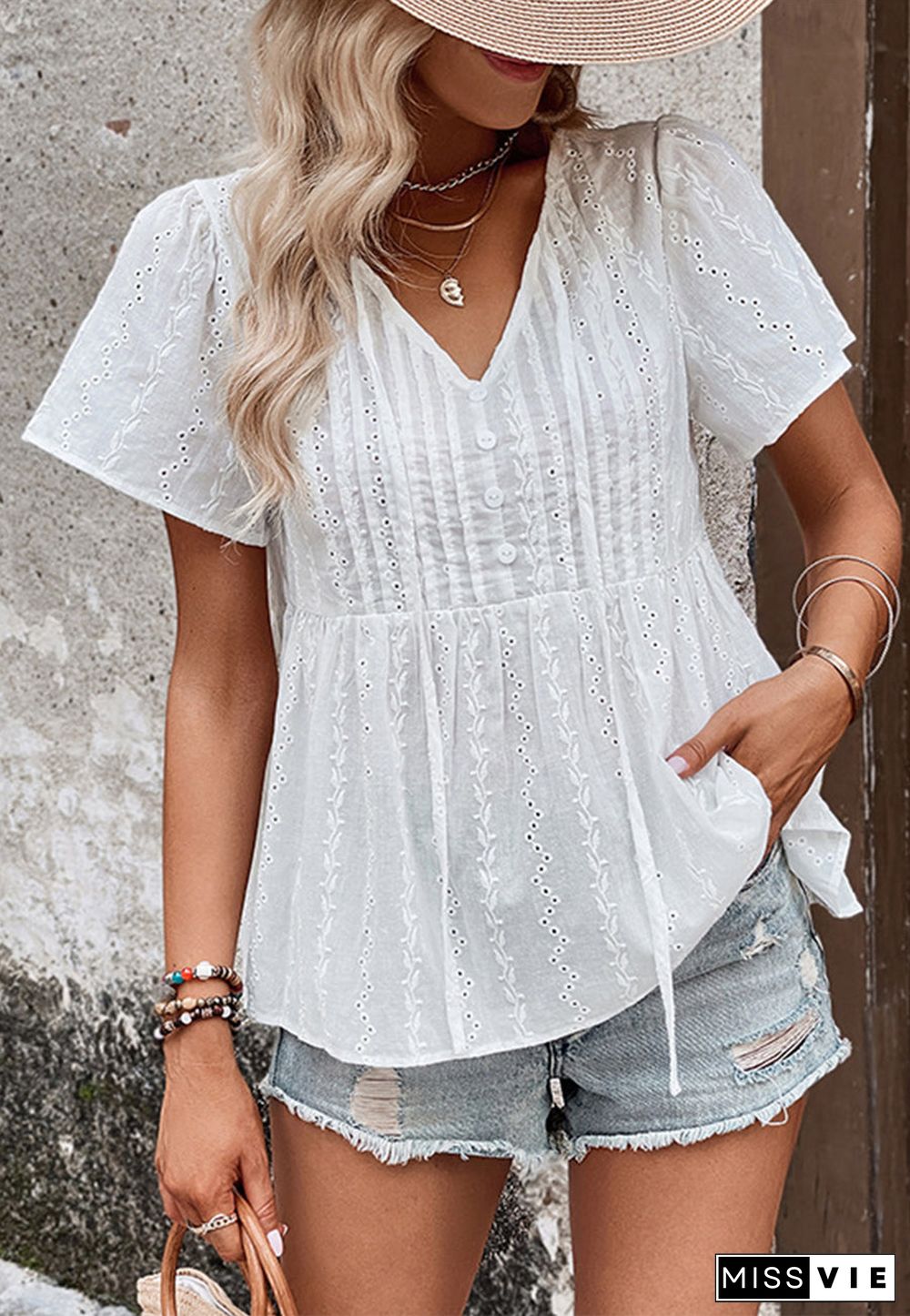 Tie V Neck Eyelet Blouse