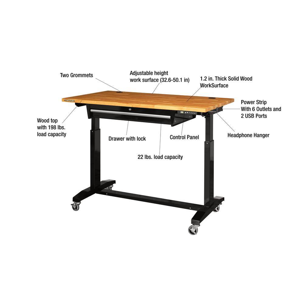 Husky 52 in.W x 30 in. D Steel 1-Drawer Power Adjustable Height Solid Wood Top Workbench Table in Black HOET5201B11XUS