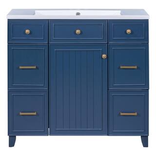 Aoibox 36 in. W x 18 in. D x 34 in. H Freestanding Bathroom Vanity Cabinet in Navy Blue with White Sink Top SNMX4439