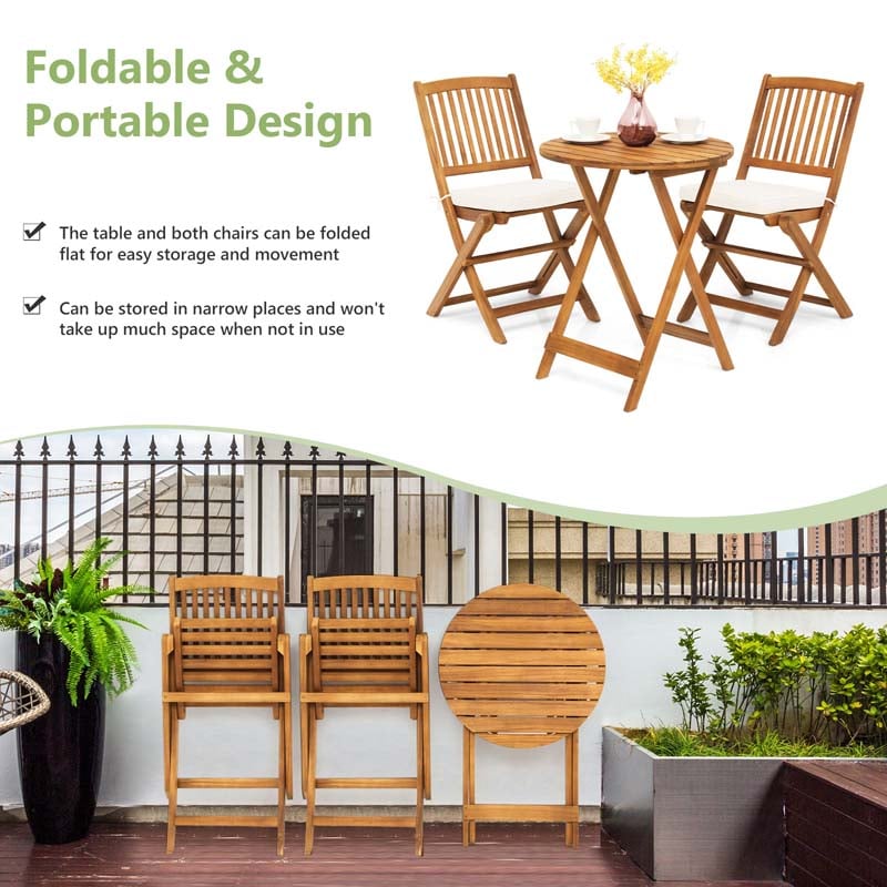 3 Pcs Acacia Wood Patio Folding Bistro Set Outdoor Chair Table Set with Padded Cushion & Round Coffee Table