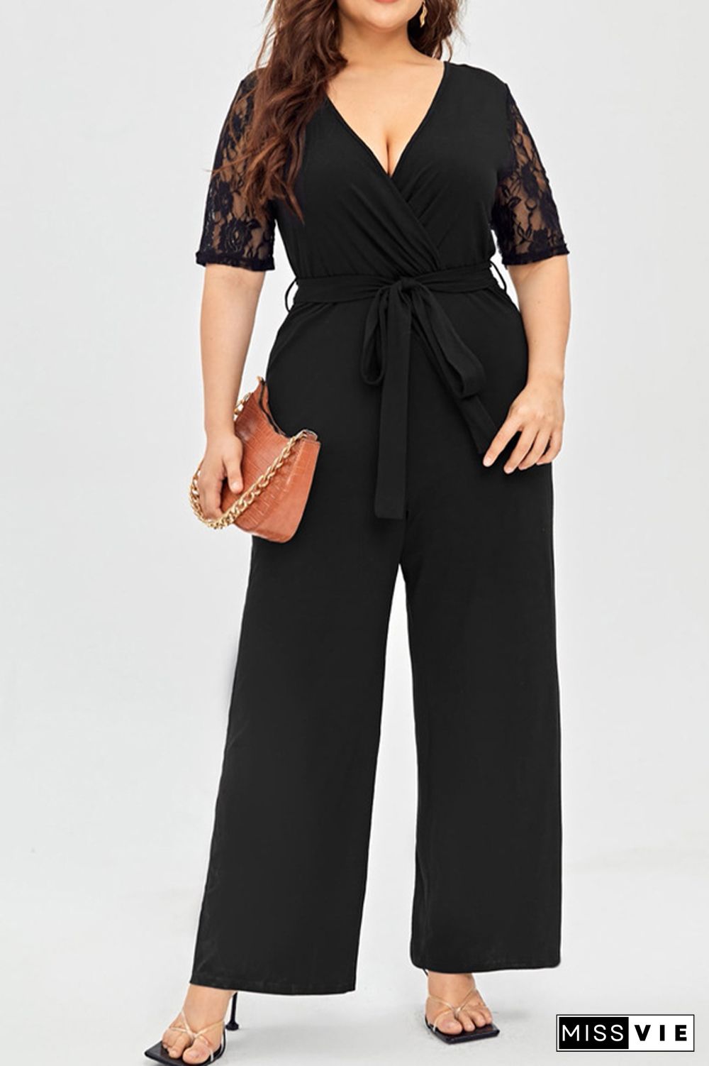 Deep V Neck Lace Sleeve Plus Size Jumpsuit Wholesale