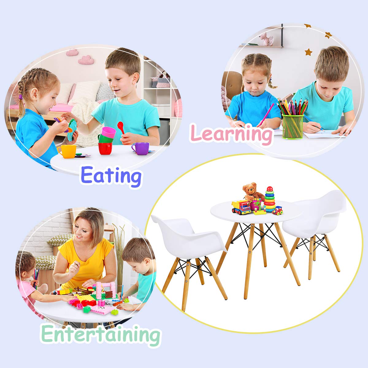 Kids Table and 2 Chair Set, Round Table with Armchairs for Toddler Children