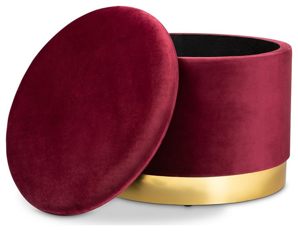 Bowery Hill Red Velvet Upholstered Gold Finished Storage Ottoman   Contemporary   Footstools And Ottomans   by Homesquare  Houzz