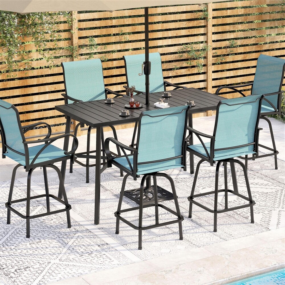 7 Piece Patio Bar Stool Set Wood grain Bar Table   Aqua Textilene Swivel Stools