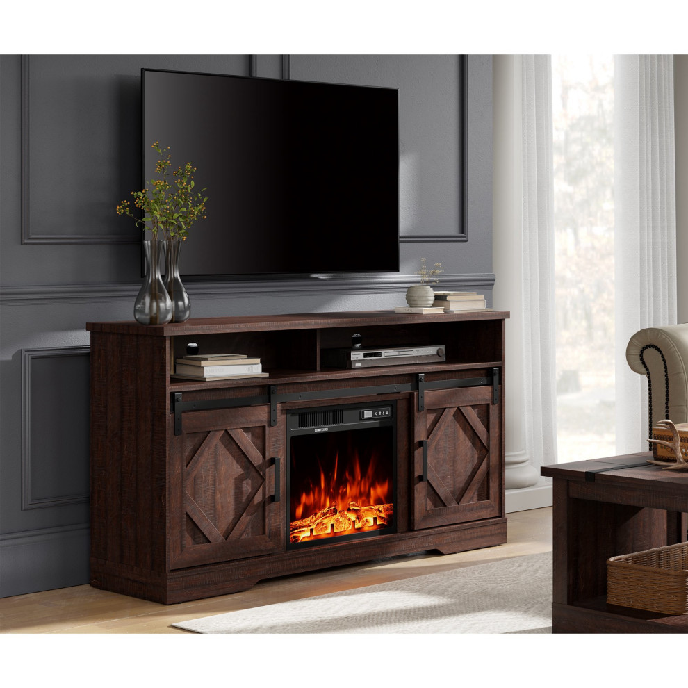 Farmhouse TV Stand  Sliding Doors  Fireplace With Adjustable Temperature  Brown   Farmhouse   Entertainment Centers And Tv Stands   by Declusia  Houzz