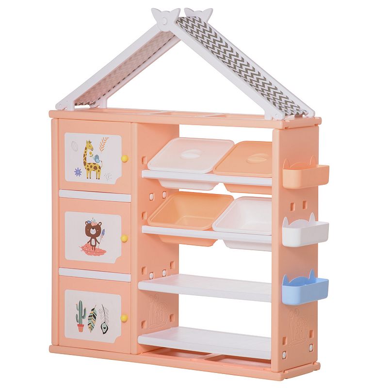 Qaba Kids Toy Storage Organizer with 4 Bins Storage Cabinets Bookshelf and 4 Layers Toy Collection Shelves Orange