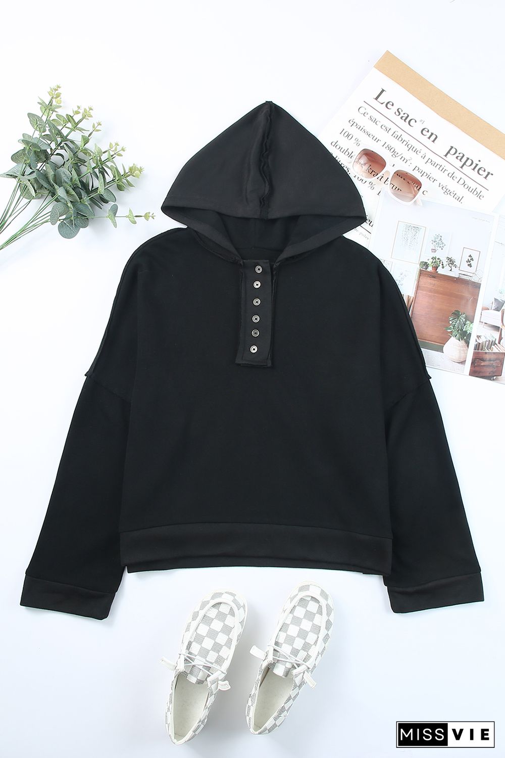 Black Casual Button Solid Patchwork Trim Hoodie