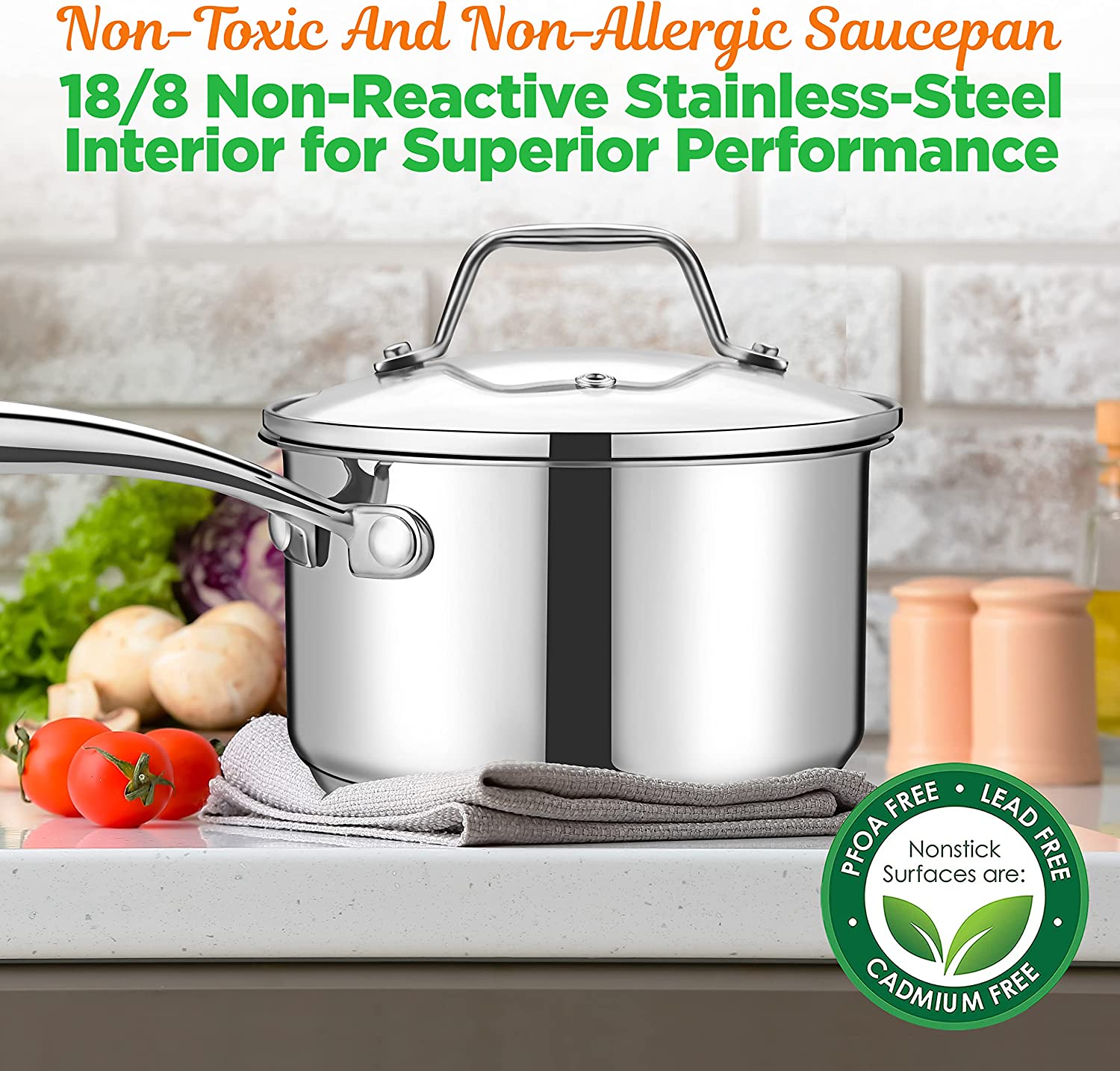 NutriChef 2-Quart Stainless Steel Saucepan - 18/8 Food Grade Heavy Duty Cookware， Sauce Pot， Stew Pot， Simmering Pot Kitchenware w/ See Through Lid， Dishwasher Safe， For Induction Gas Ceramic Cooktops