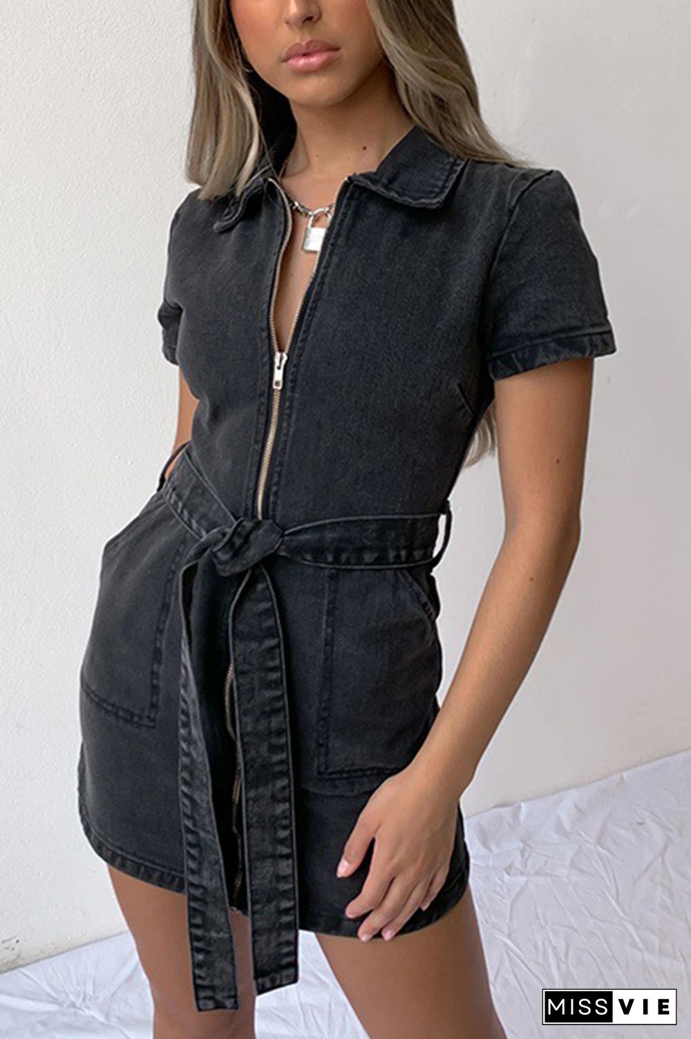 Denim Zip Front Mini Dress Wholesale