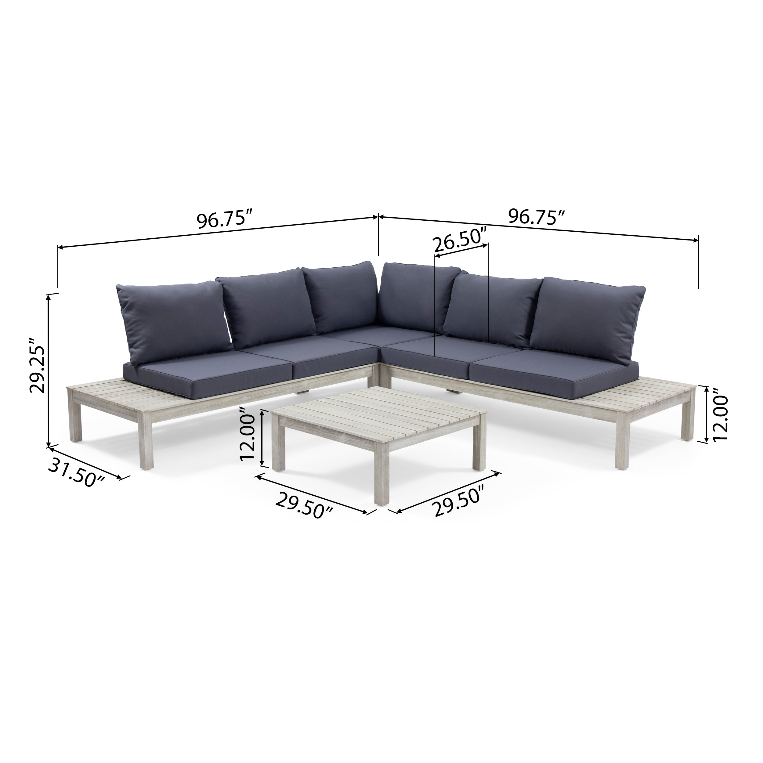 Vashti Outdoor 5 Seater V Shaped Acacia Wood Sectional Sofa Set with Cushions