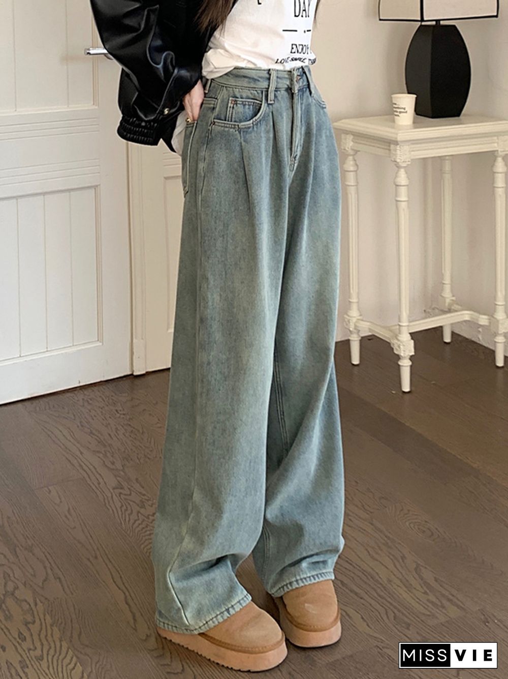 Vintage Blue Fleece Ruched High Rise Boyfriend Jeans