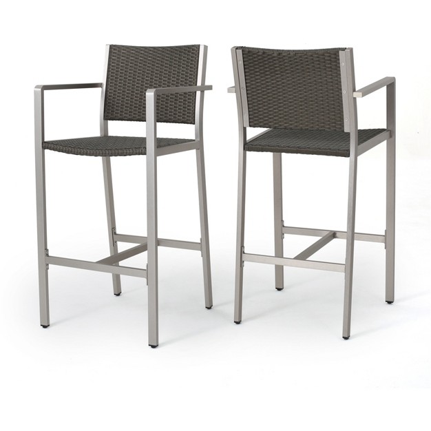 Cape Coral Set Of 2 Aluminum And Wicker Barstools Gray Christopher Knight Home