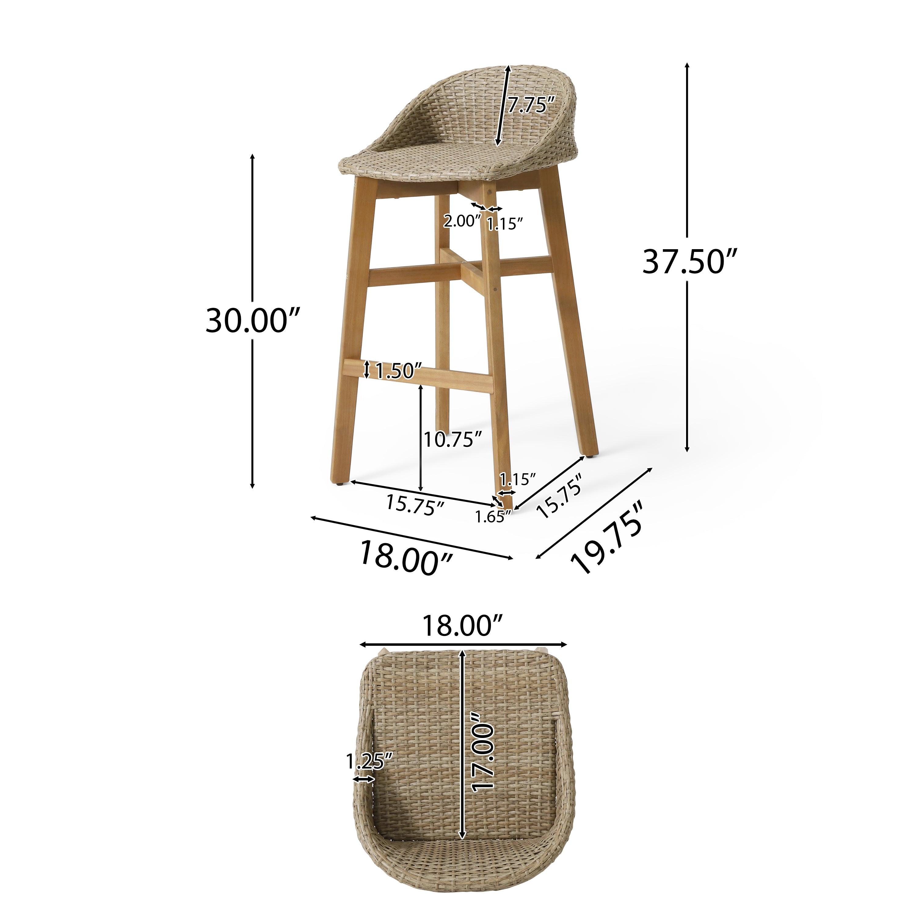 Beeson Outdoor Wicker and Acacia Wood 30 Inch Barstools, Set of 2, Light Multibrown and Teak