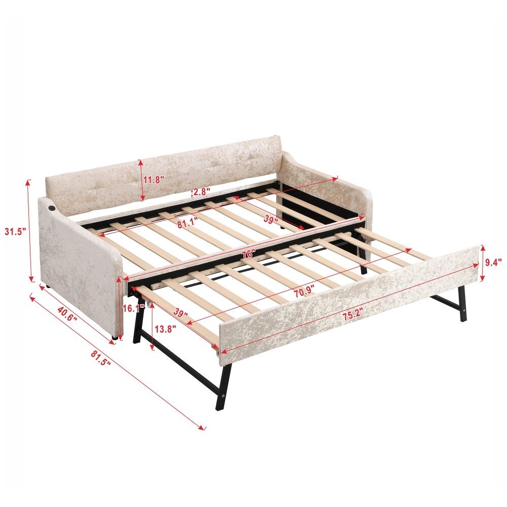 Twin Size Snowflake Velvet Daybed with Trundle and USB Charging Design