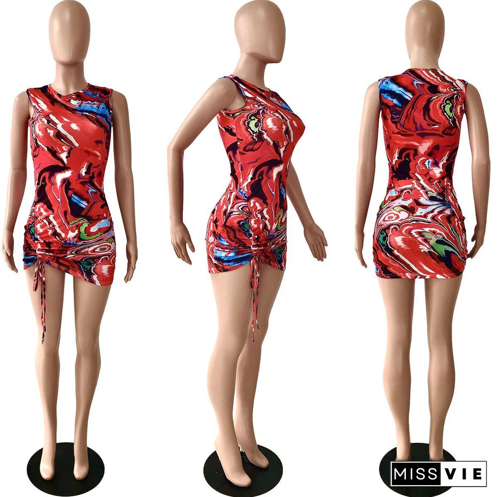 Abstract Print Ruched Drawstring Bodycon Mini Dress