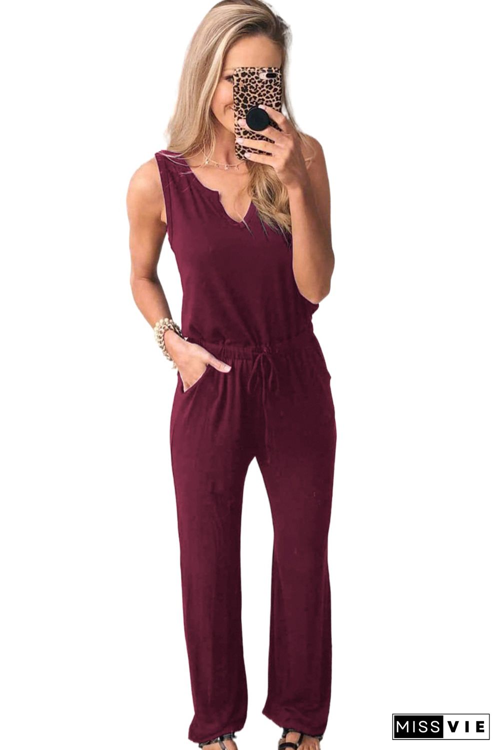 Wine Red Split Neck Drawstring Waist Sleeveless Jumpsuit