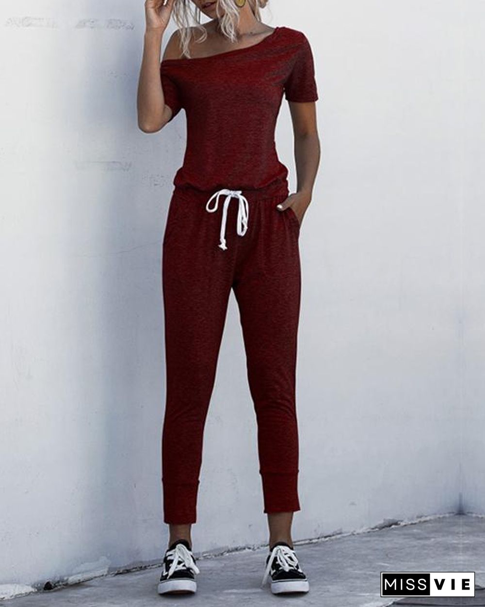 Asymmetric Neck Drawstring Waist Jumpsuit