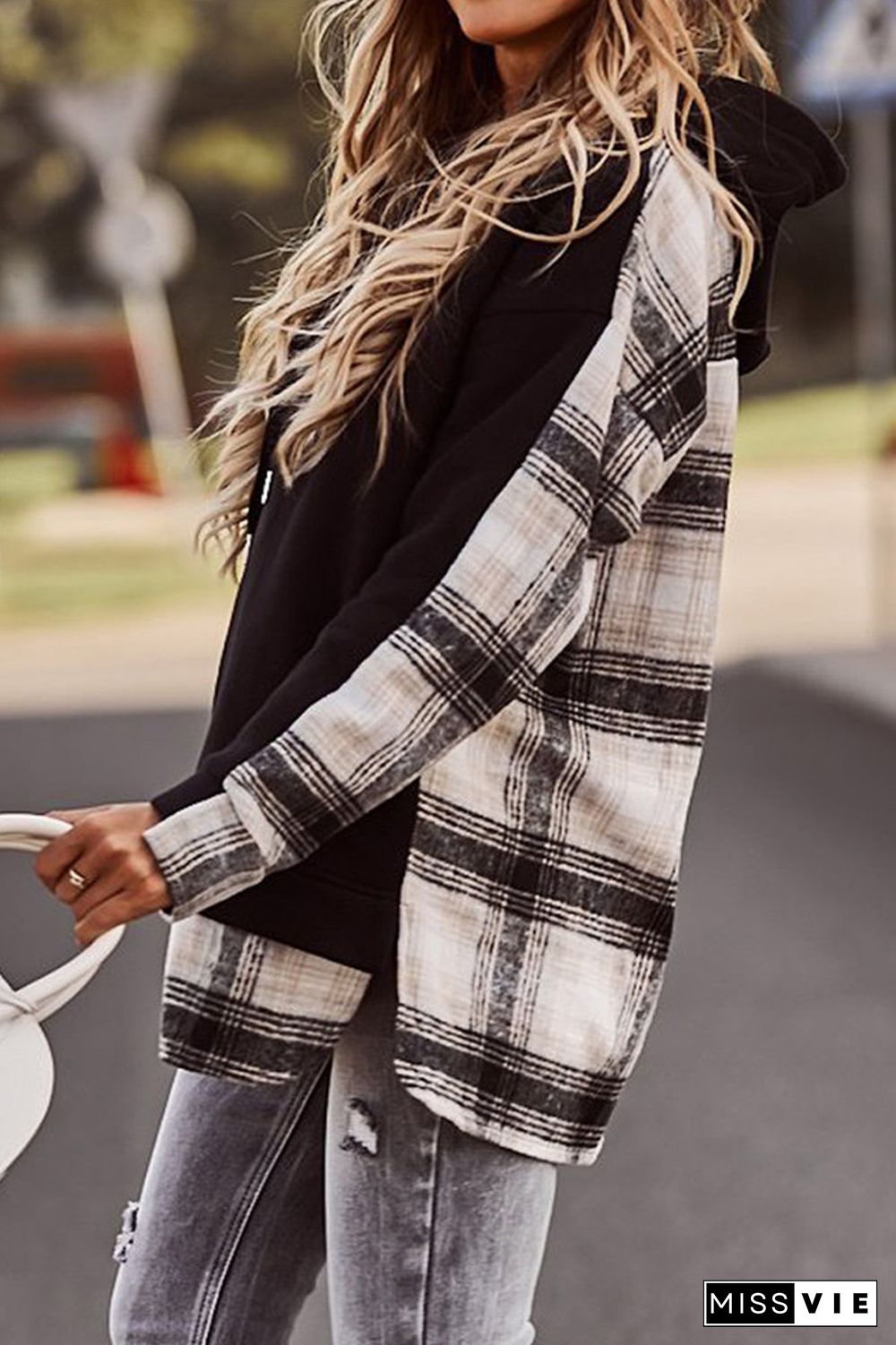 KarliDress Trendy Plaid Patchwork Hooded Sweatshirt P12854