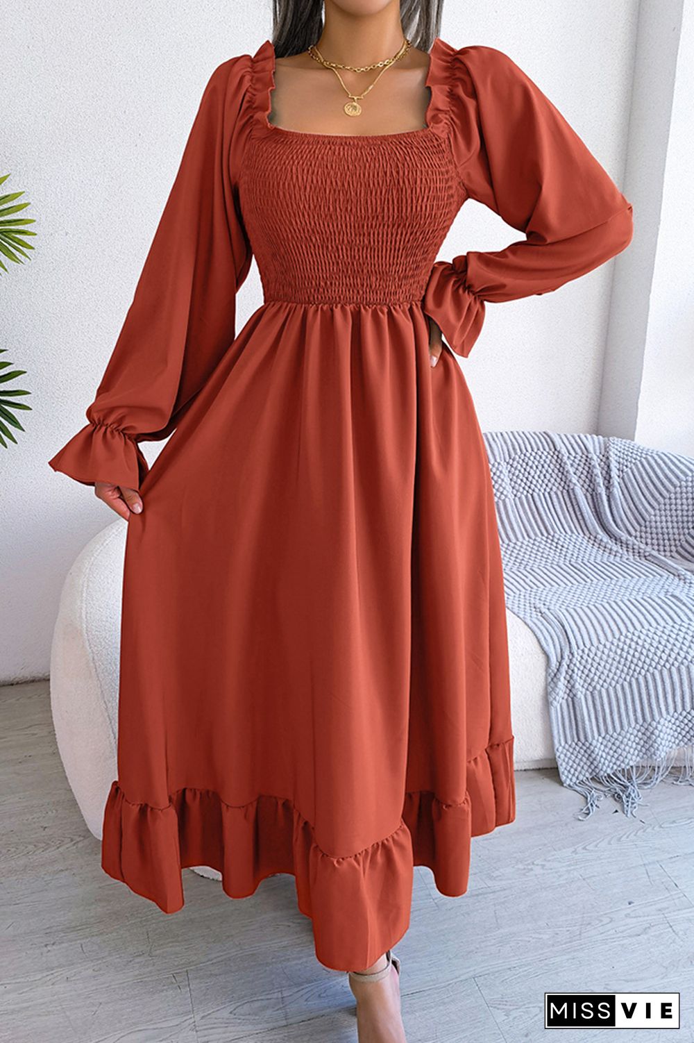 Plain Square Neck Smocked Top Maxi Dress