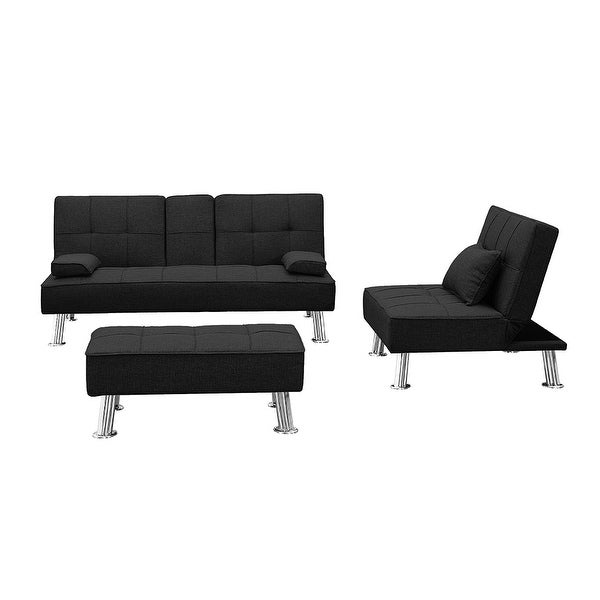 3 pcs Fabric Folding Sofa Set with Loveseat with 2 cup holder，Single Sofa Bed and Ottoman