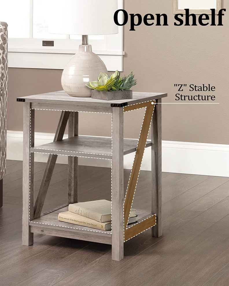 End Table with 3 Tier Open Shelf for Living Room  Office  Bedroom  Washed Grey   Transitional   Side Tables And End Tables   by Imtinanz  LLC  Houzz