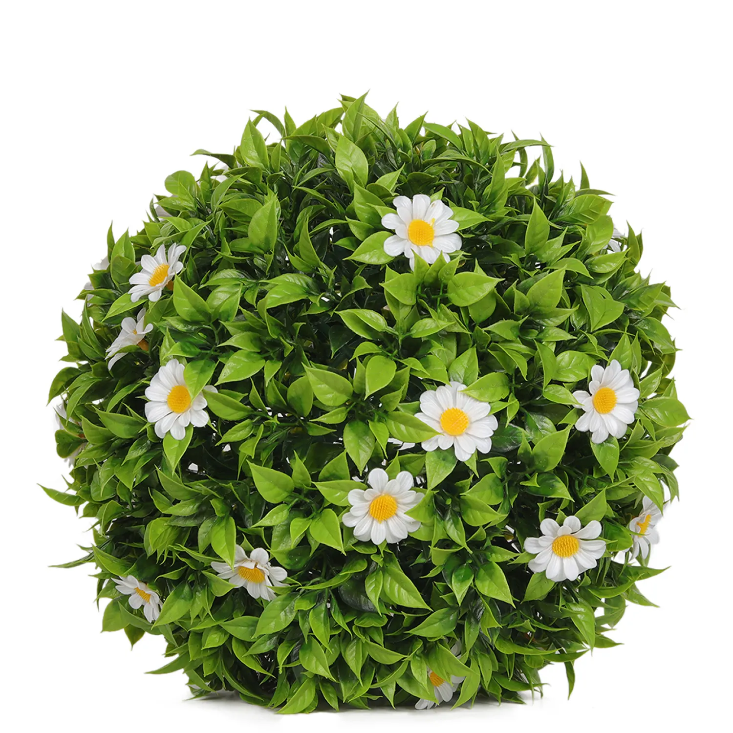 W5 Garden Supplies White Daisy Flower with Green Leaves Hanging Topiary Artificial Grass Ball for Home Garden Decor