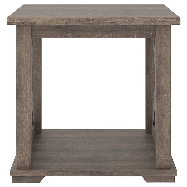 Wooden Square End Table with Bottom Shelf and Cross Design Sides， Brown - 22 H x 23 W x 23 L