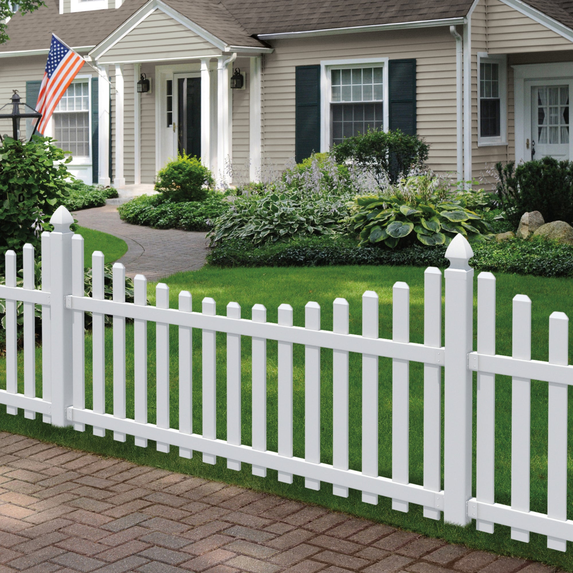 Outdoor Essentials Glendale 4 ft. x 8 ft. White Vinyl Scalloped Dog-Ear Picket Fence Panel