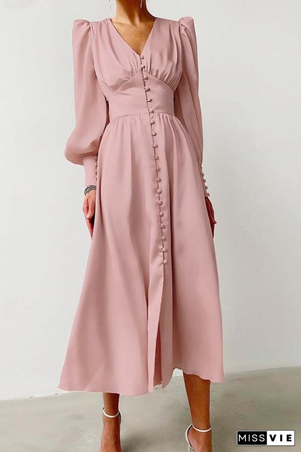 Satin Button Puff Long Sleeve Dress