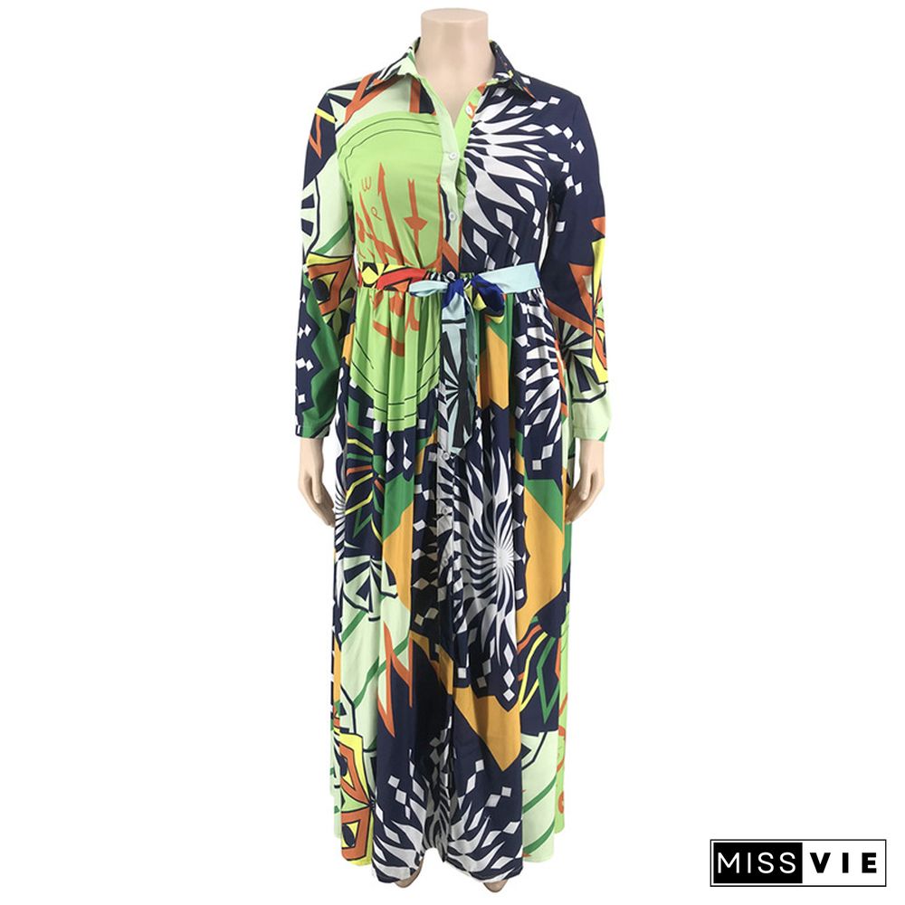 Fashion Printing Full Sleeves Hem Plus Size Long Dress