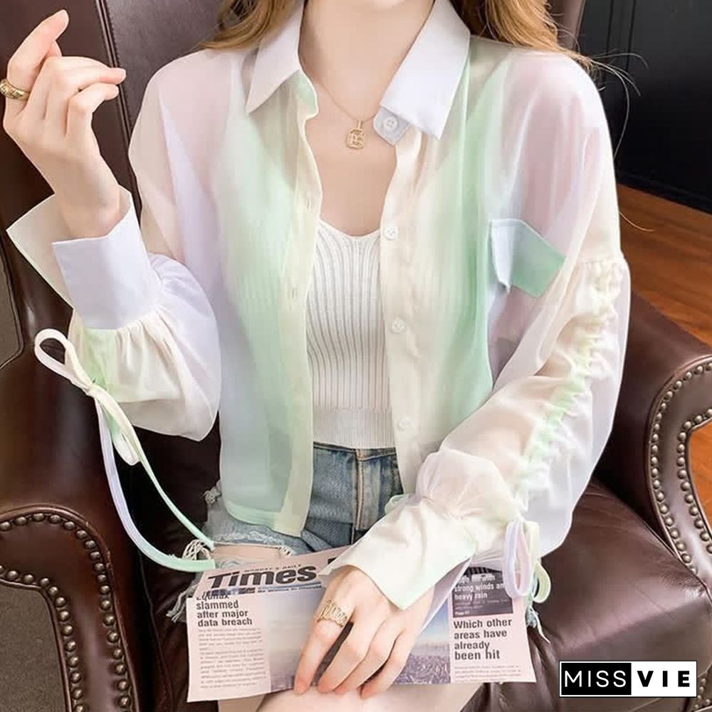 Casual Rainbow Print Drawstring Sleeve Crop Shirt