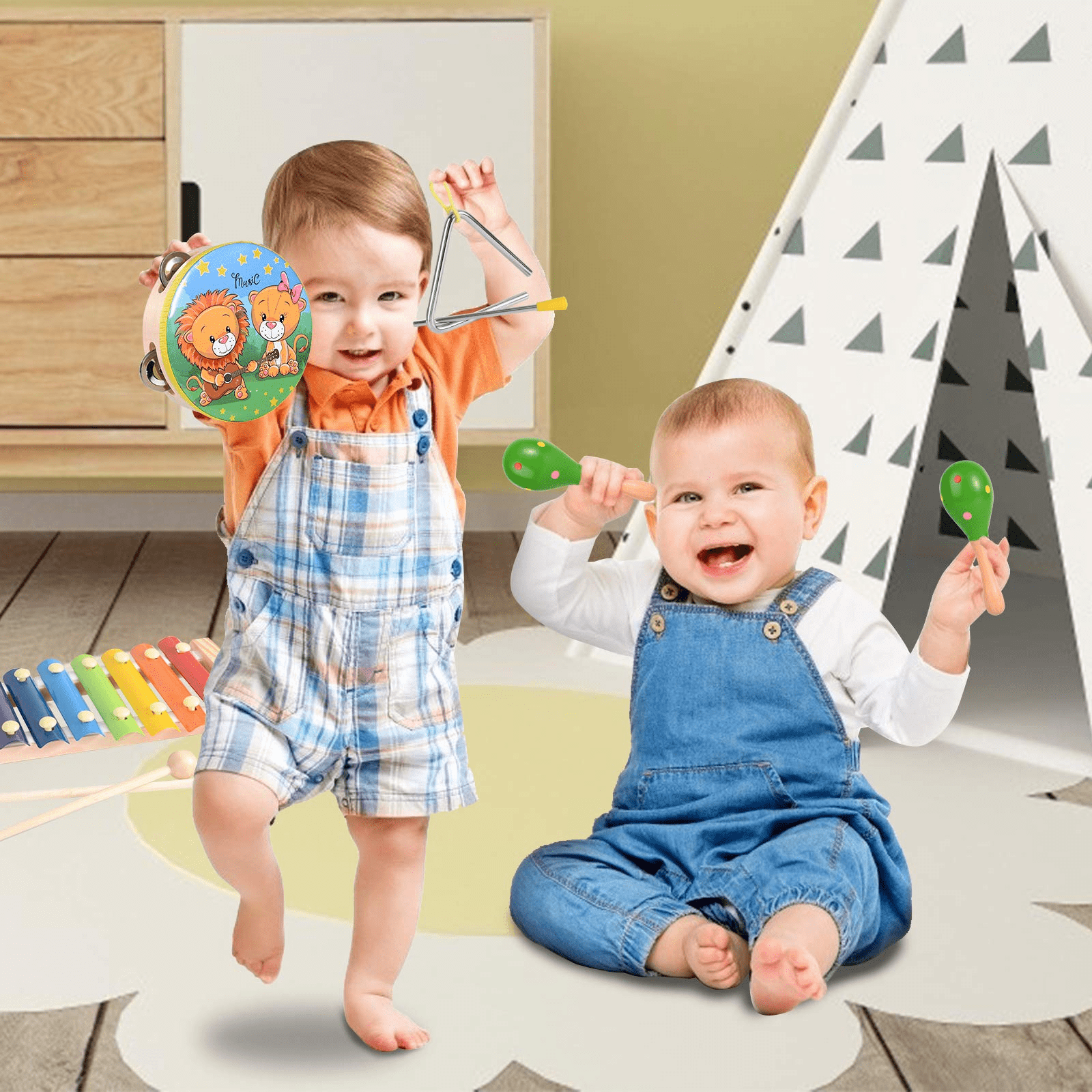 Oathx Baby Music Toys and Toddler Learning Toy 12-Piece Wooden Musical Instrument Set for 2 to 4 Years