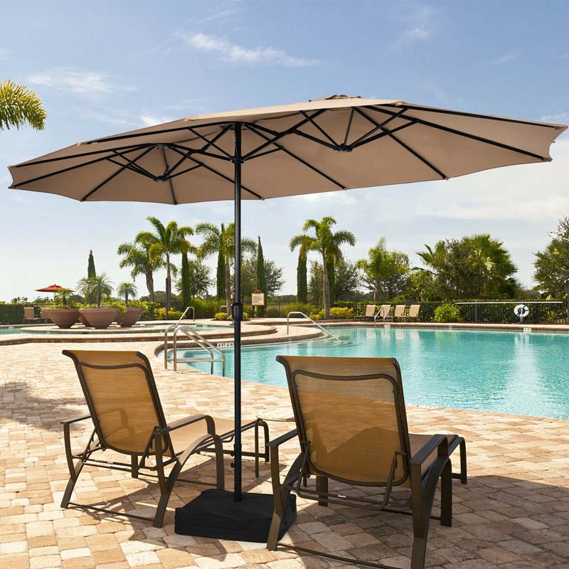 15FT Double-Sided Twin Patio Umbrella with Base & Crank System, Extra-Large Cantilever Market Umbrella