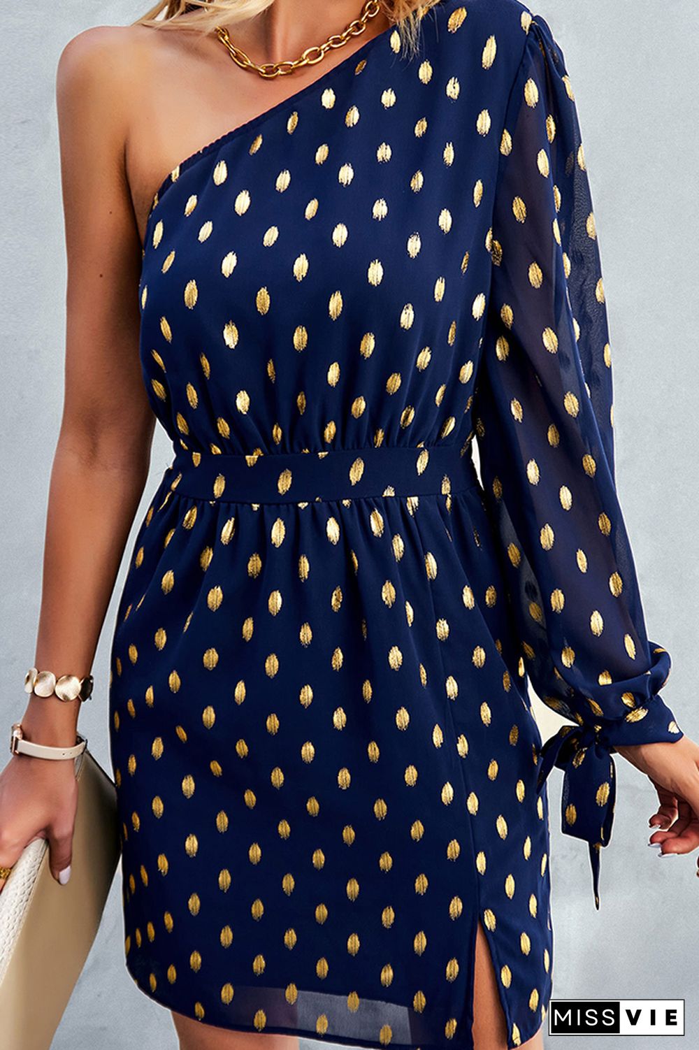 Foil Spot Print One Shoulder Long Sleeves Mini Dress